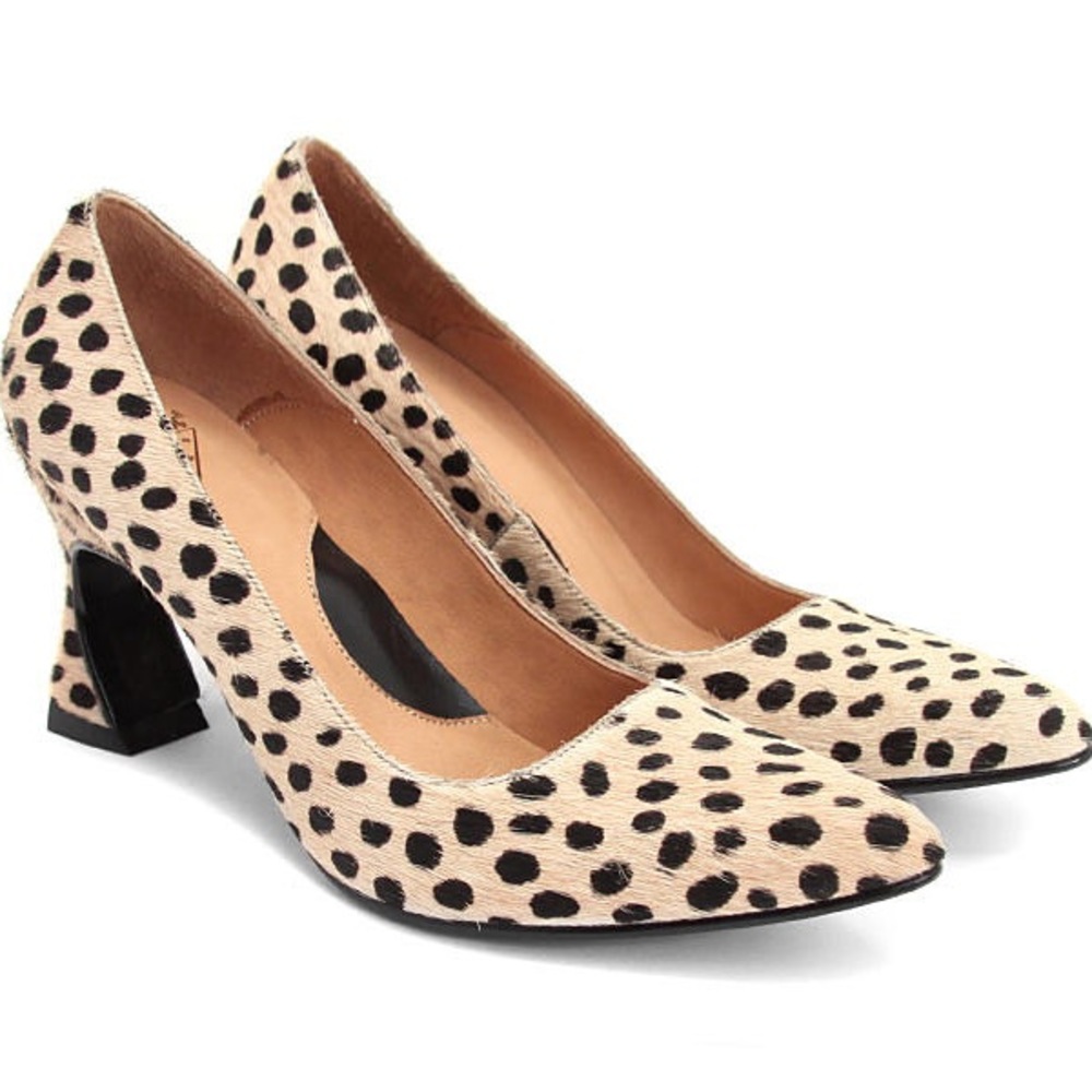 John Fluevog Cream and Black Spotted Mid Heel Pumps
